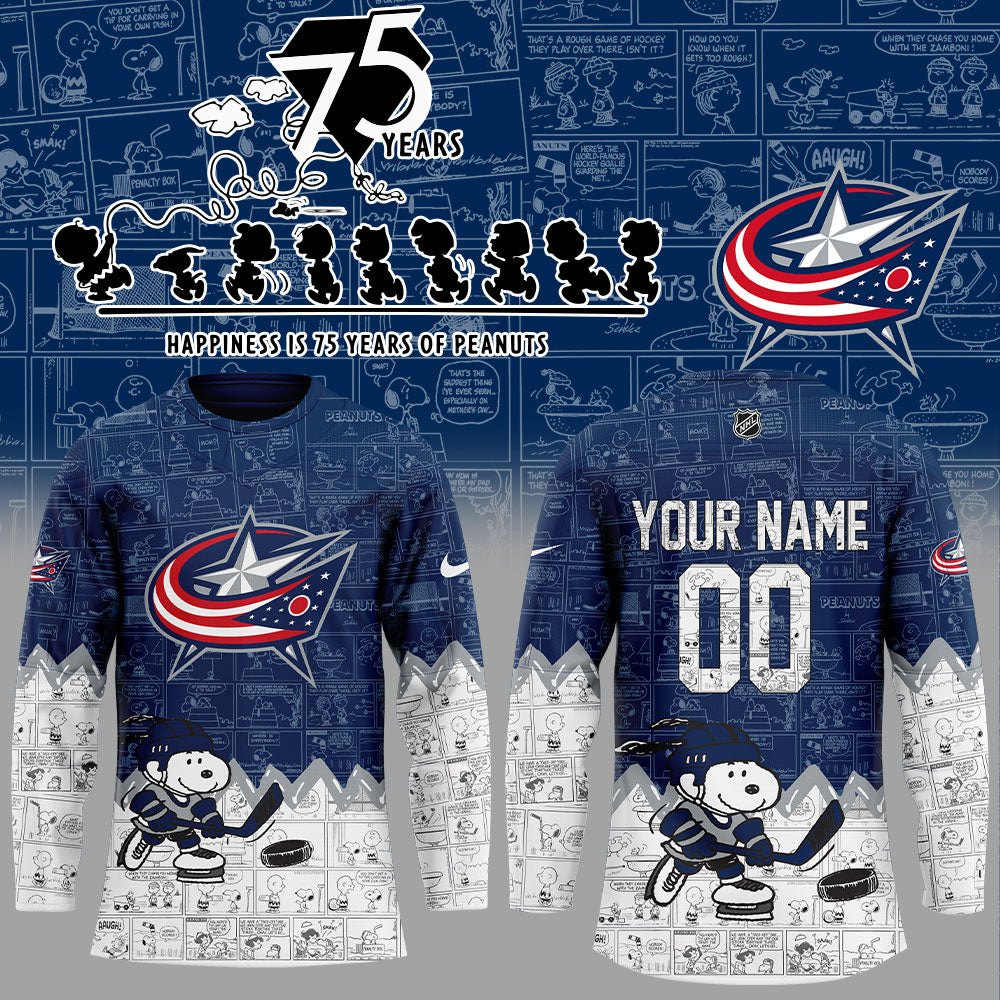 Columbus Blue Jackets 75Th Anniversary Of Peanuts Custom Name, Number For Fans Jersey