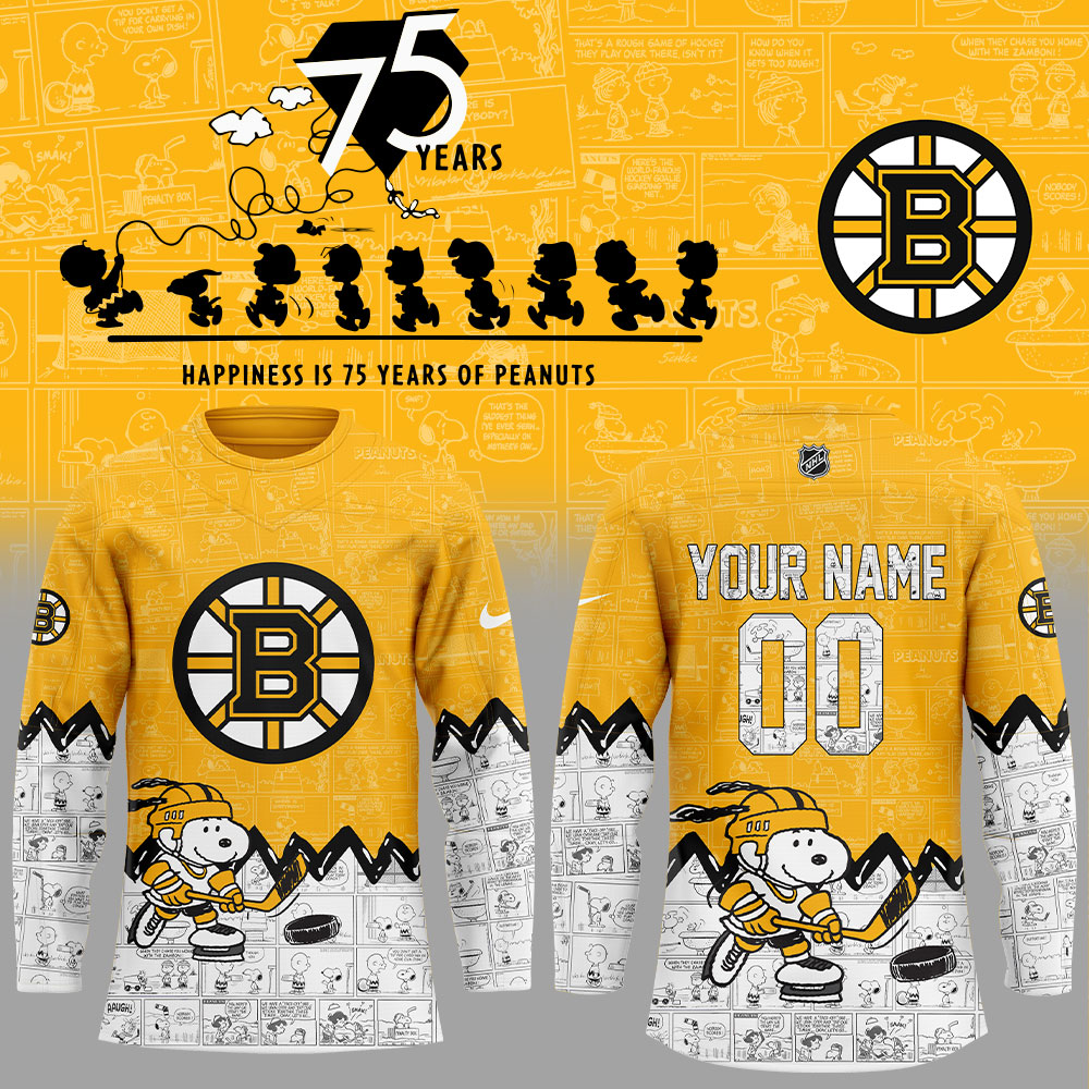 Boston Bruins 75Th Anniversary Of Peanuts Custom Name, Number For Fans Jersey