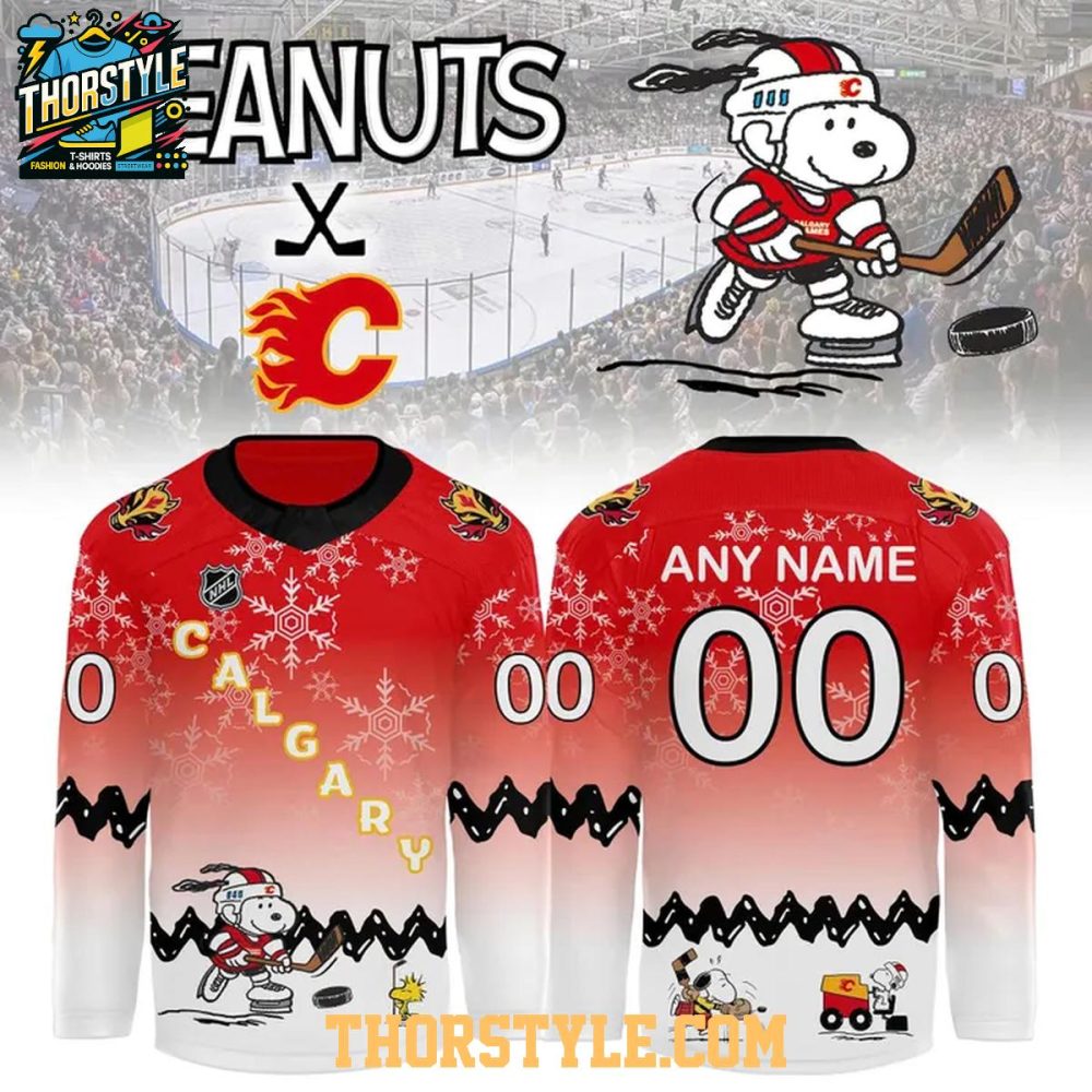 Calgary Flames Snoopy 2025 Christmas Peanuts Personalized Hockey Jersey
