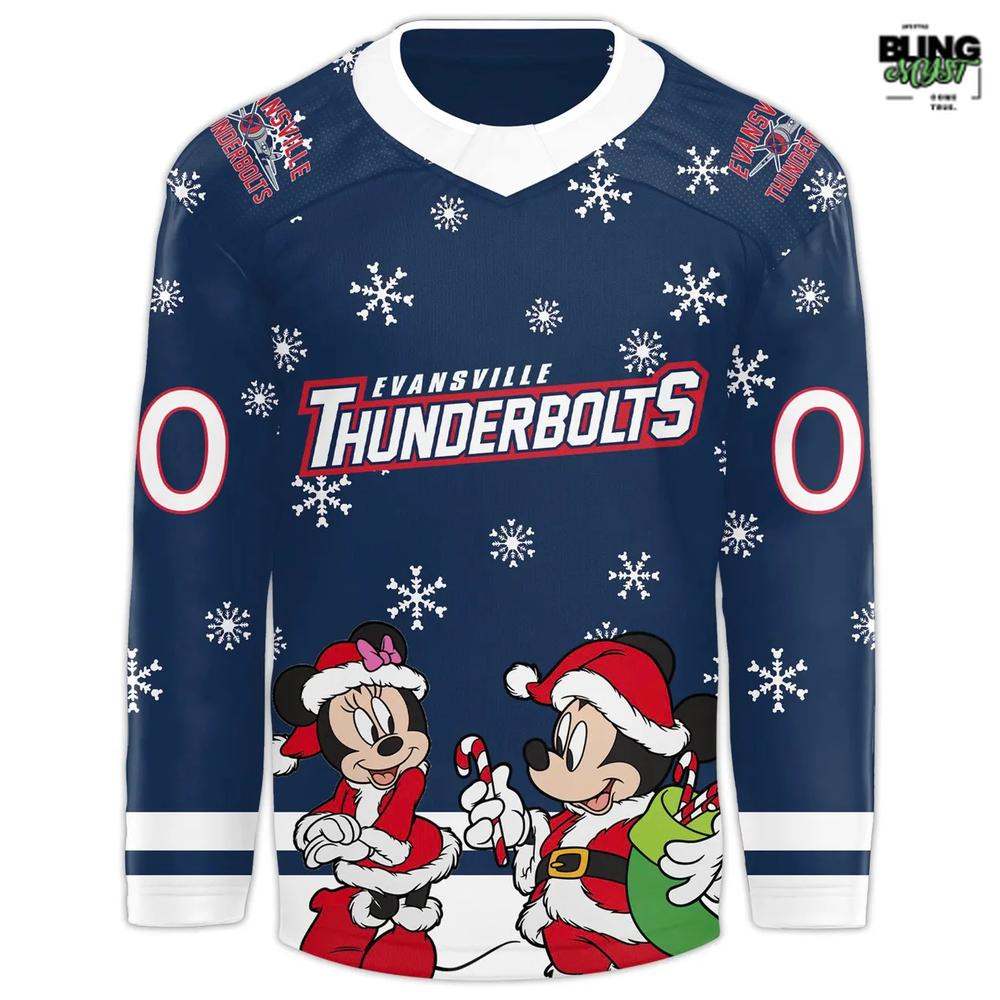Evansville Thunderbolts Mickey Merry Christmas 2025 Hockey Jersey