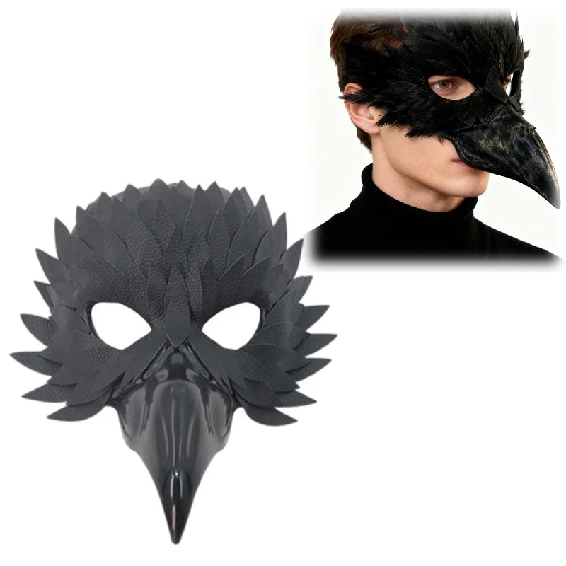 Gothic Plague Doctor Mask with Feathers Black Half Face Halloween Masquerade Mask Owl Style Costume Party Prop for Adults