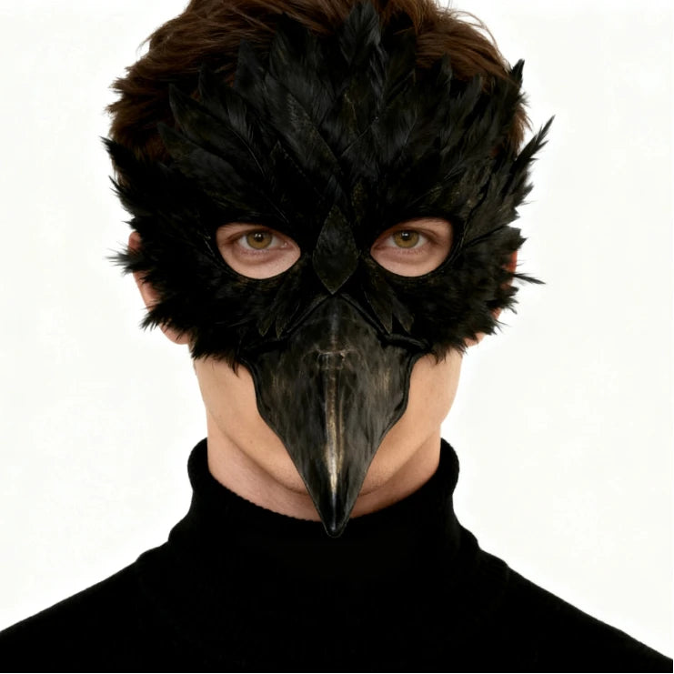 Gothic Plague Doctor Mask with Feathers Black Half Face Halloween Masquerade Mask Owl Style Costume Party Prop for Adults